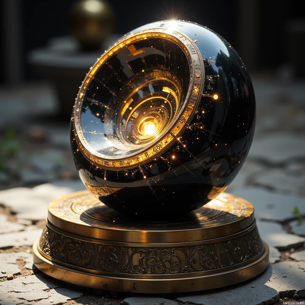 A reflective black sphere with golden accents sits atop an ornate base on a stone surface.