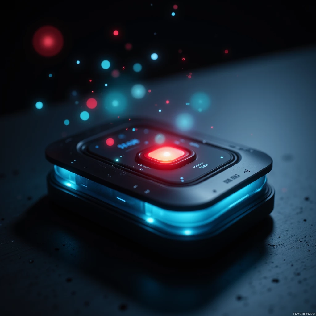 A futuristic device with glowing red and blue lights on a dark surface.