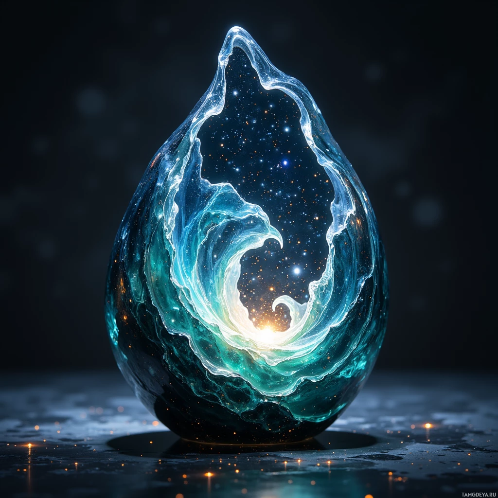 A glowing, teardrop-shaped object with a cosmic interior and a dark, reflective surface.