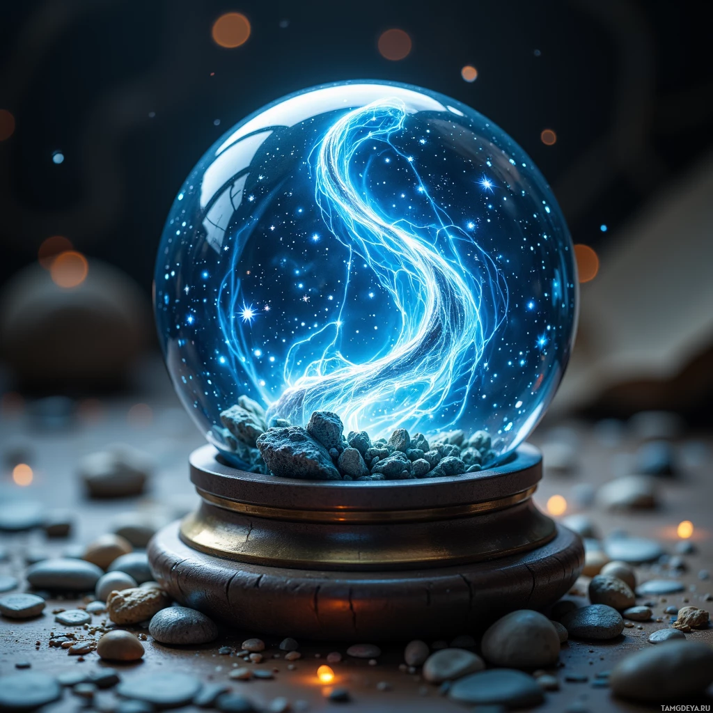 A glowing, magical sphere with swirling blue energy and stars inside, resting on a wooden base surrounded by pebbles.