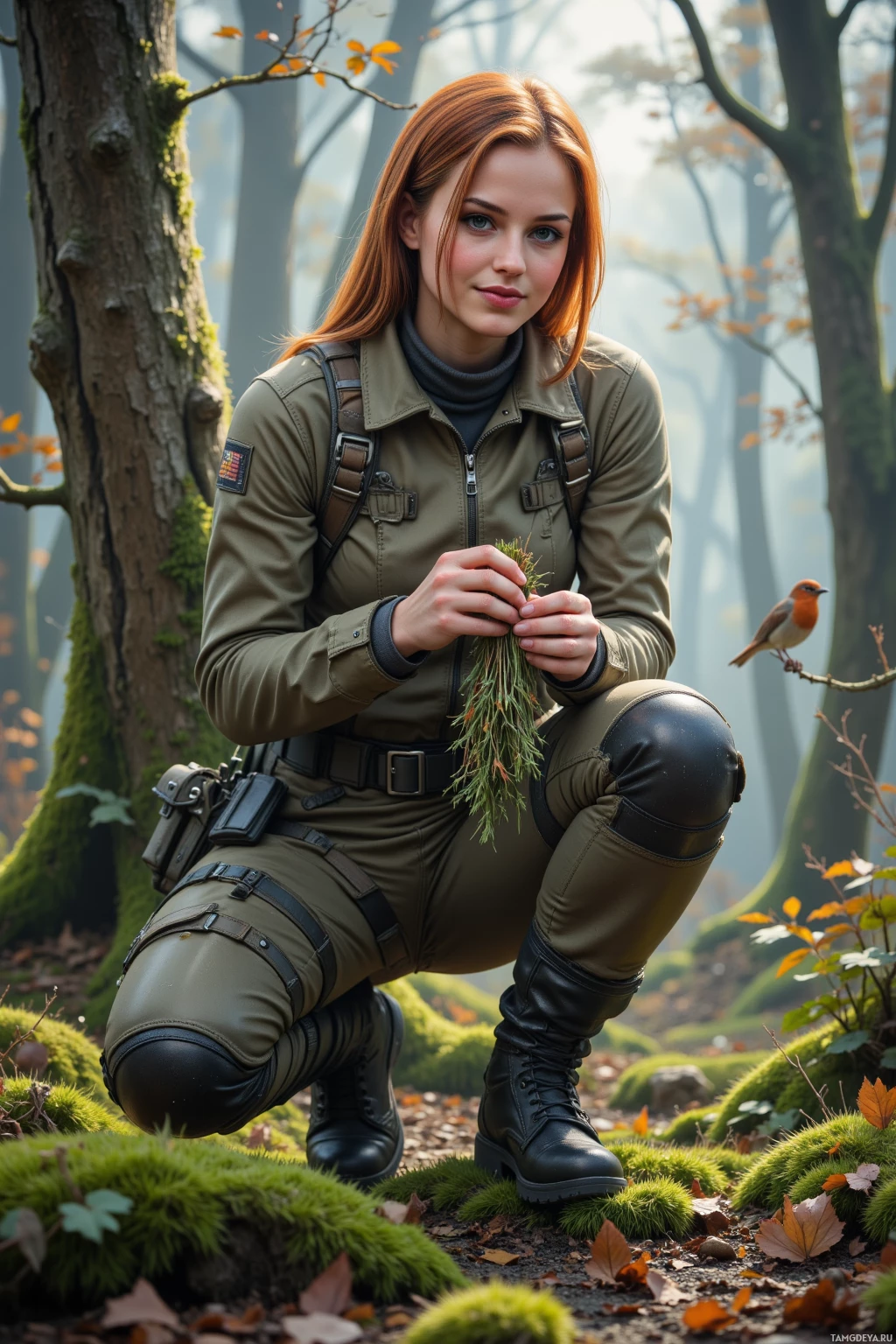 A person in a forest setting, dressed in outdoor gear, holding a bundle of greenery.