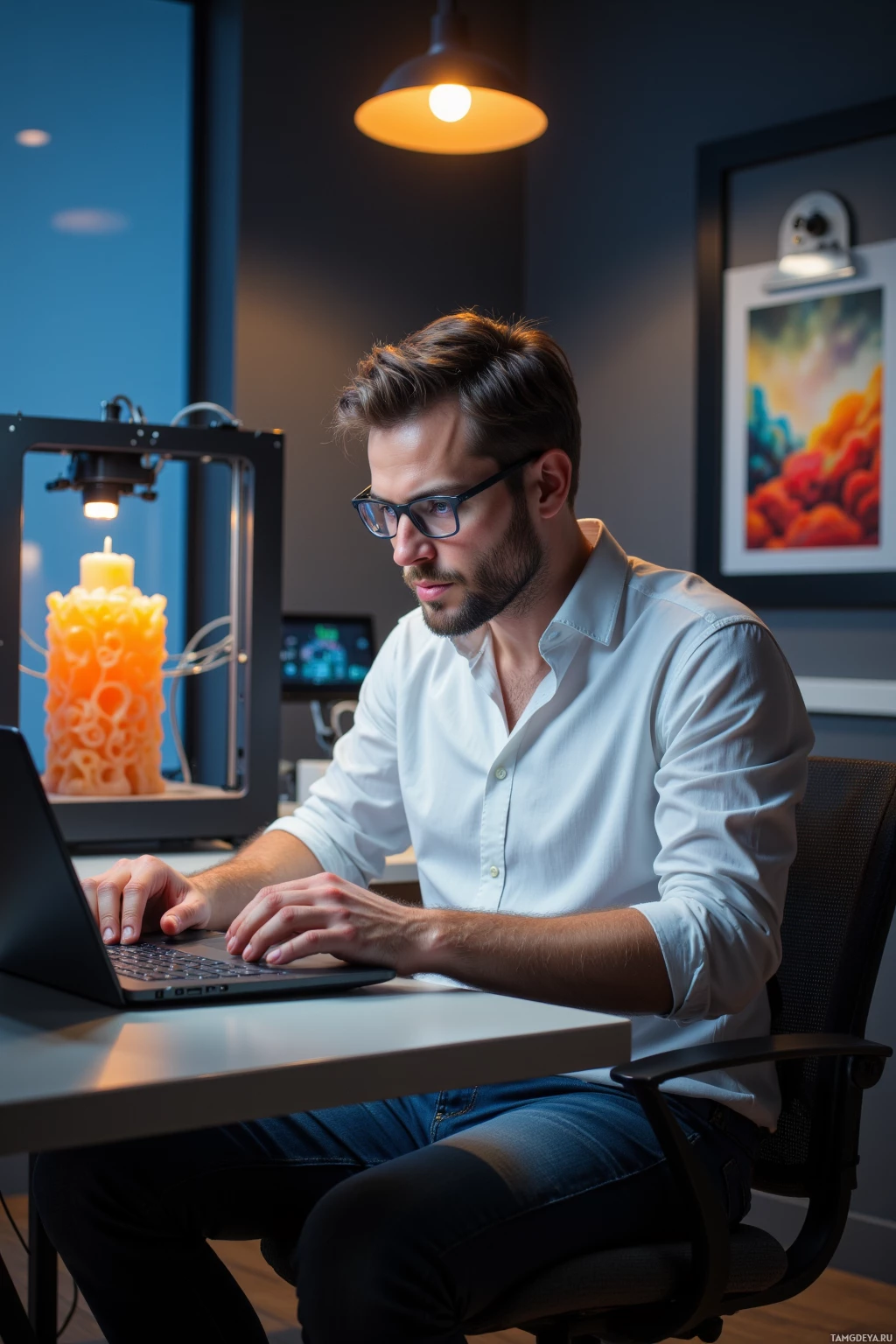 A man in a white shirt works on a laptop in a modern office setting.