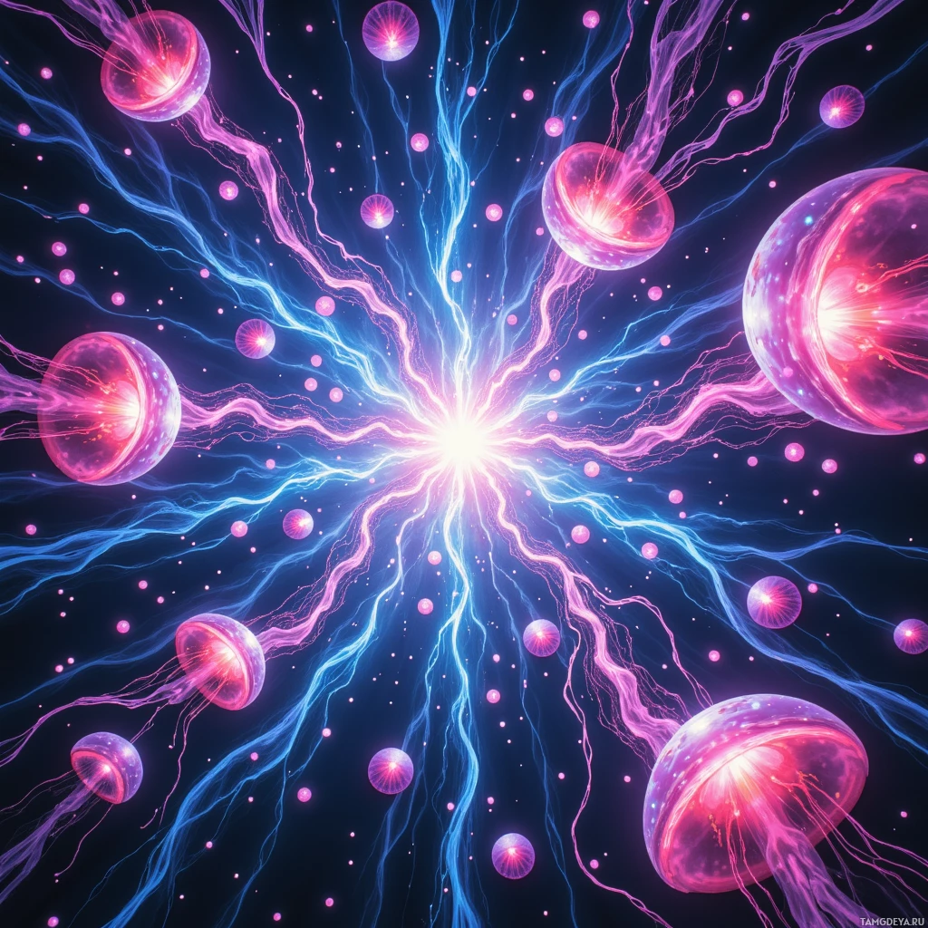 A vibrant cosmic scene featuring glowing jellyfish-like creatures with long tentacles and a bright, radiant center.
