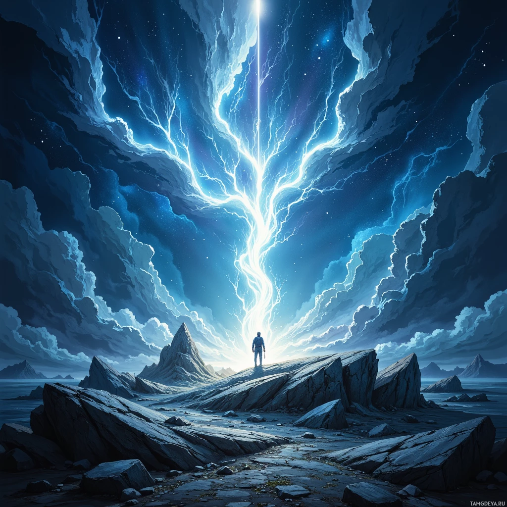 A lone figure stands on a rocky landscape under a dramatic sky with lightning and stars.