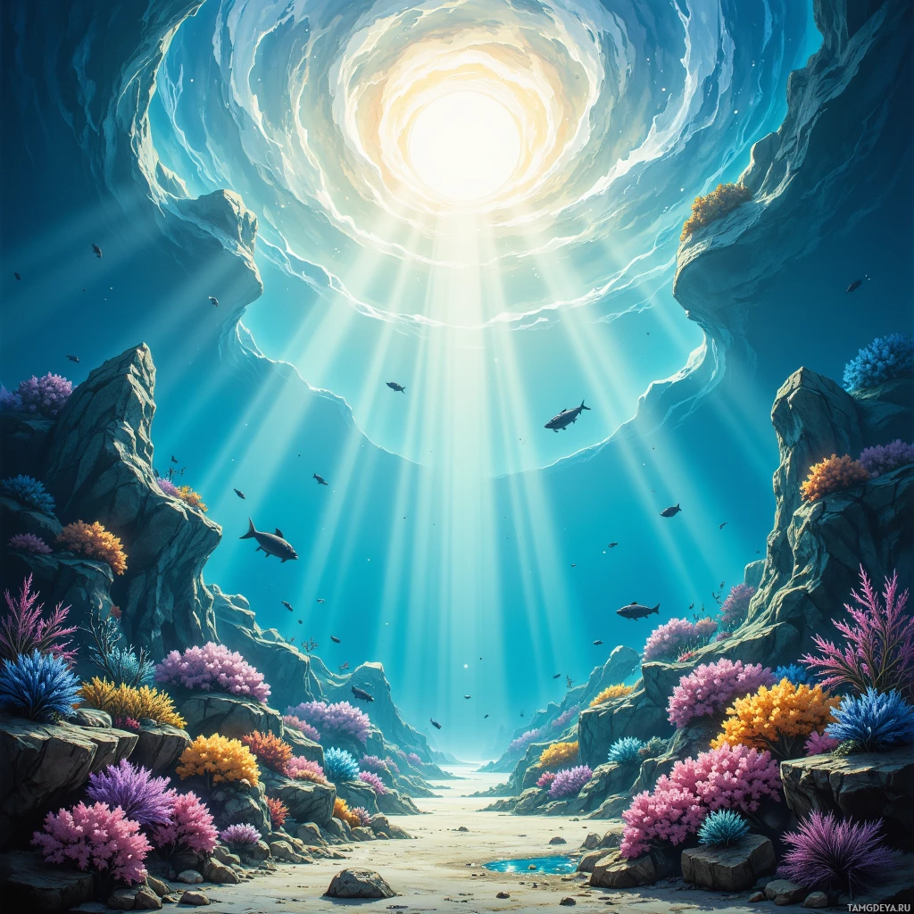 An underwater scene with colorful coral formations, fish swimming, and sunlight streaming through a cave opening.