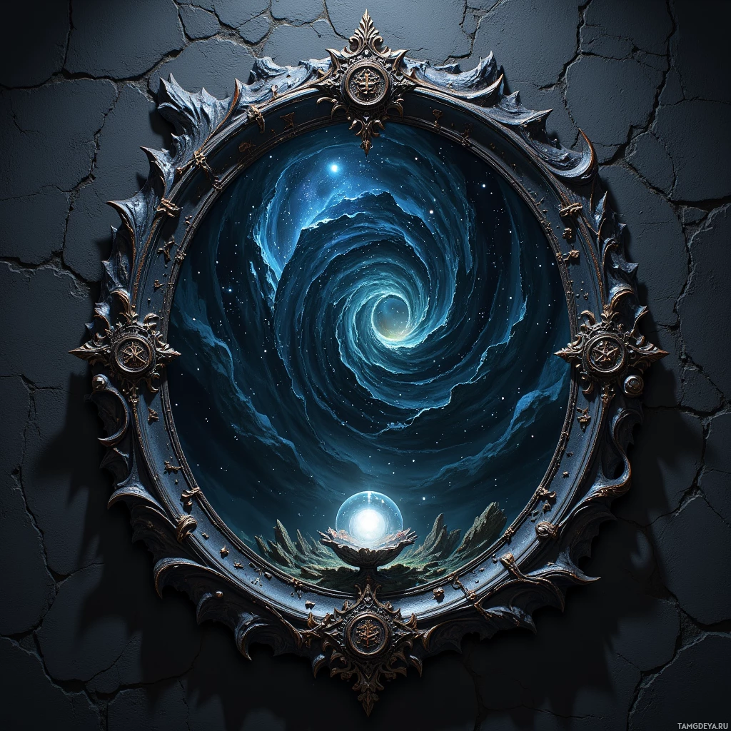 A circular, ornate frame encloses a swirling cosmic scene with a glowing orb at its center.