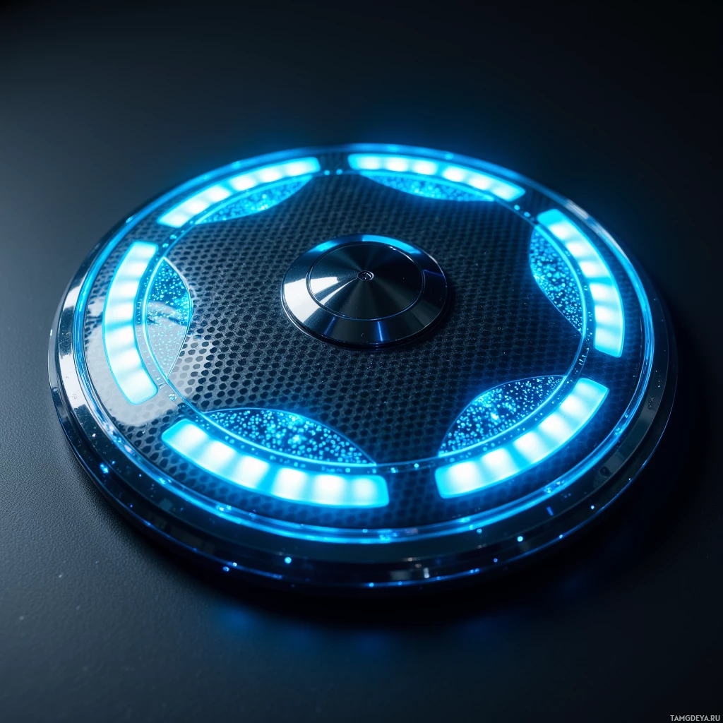 A futuristic circular device with glowing blue lights and a textured surface.