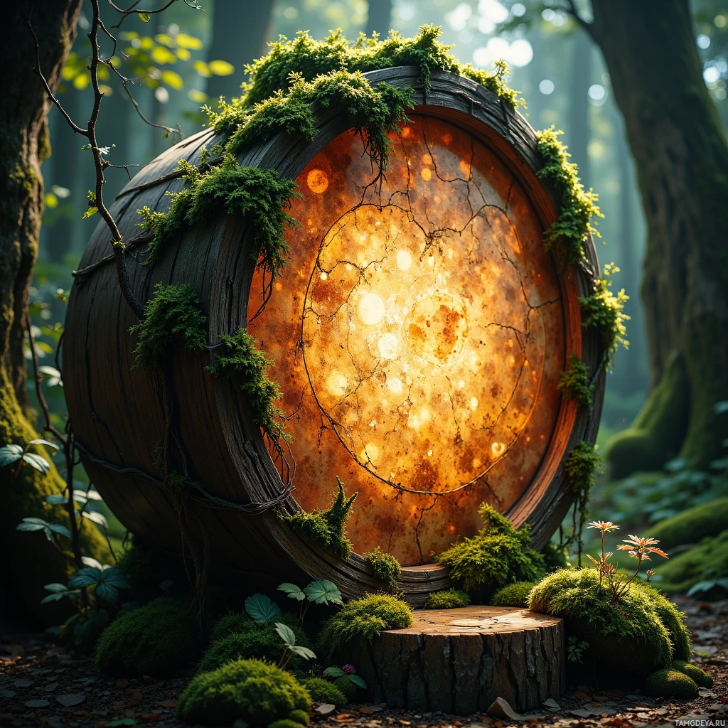 A circular portal in a forest, surrounded by moss and glowing with an inner light.