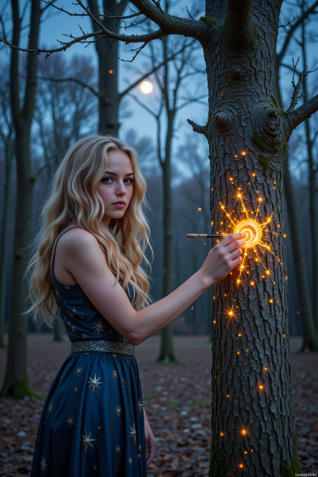 A person in a star-patterned dress is holding a wand, creating sparkles on a tree trunk in a forest setting.