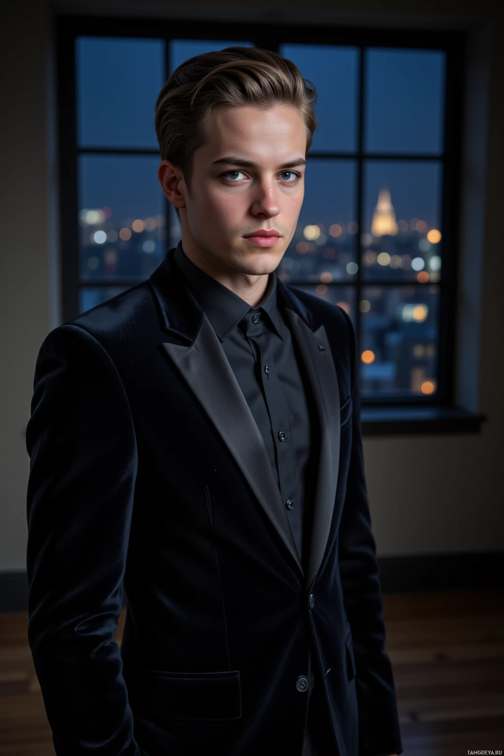 A man in a black suit stands in front of a window with a cityscape at night.