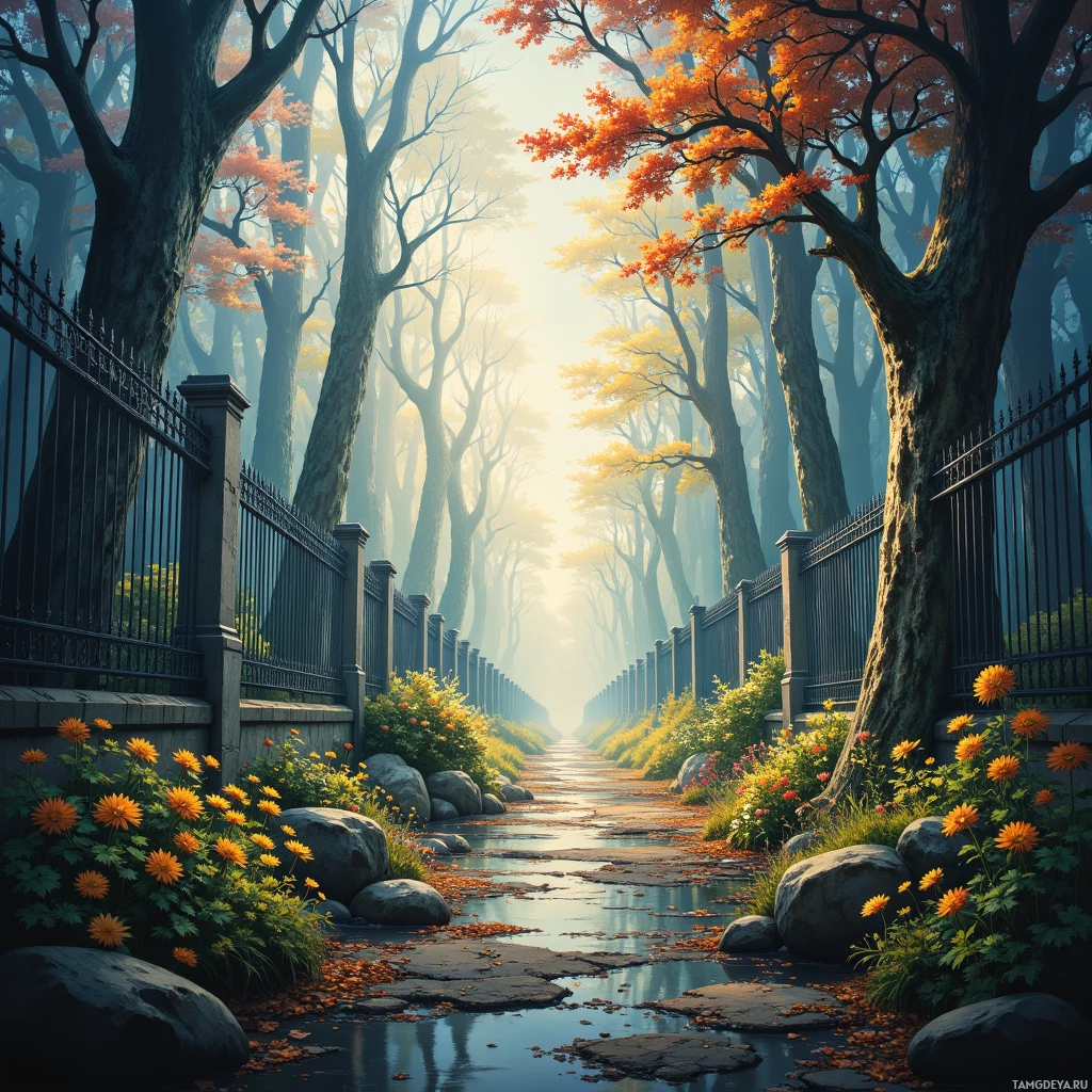 A serene pathway lined with autumn foliage and vibrant flowers, bordered by a black fence.