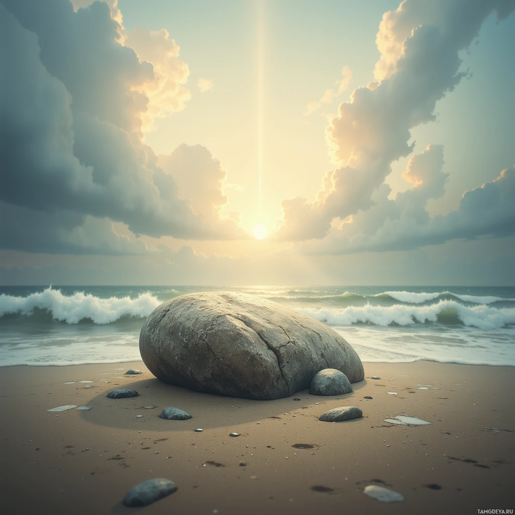 A serene beach scene with a large rock on the sand and gentle waves rolling in under a partly cloudy sky at sunset.