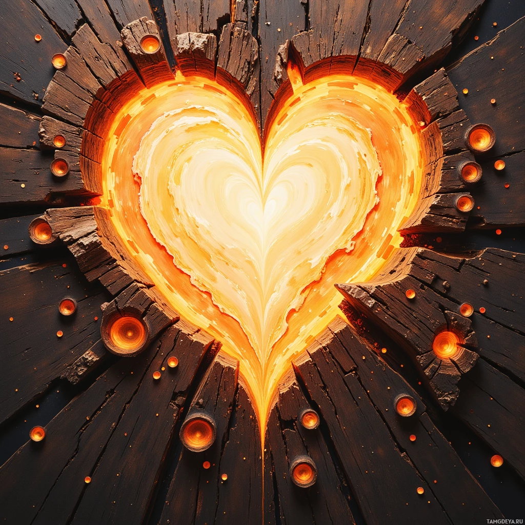 A glowing heart shape is set against a dark wooden background with small candle-like lights around it.