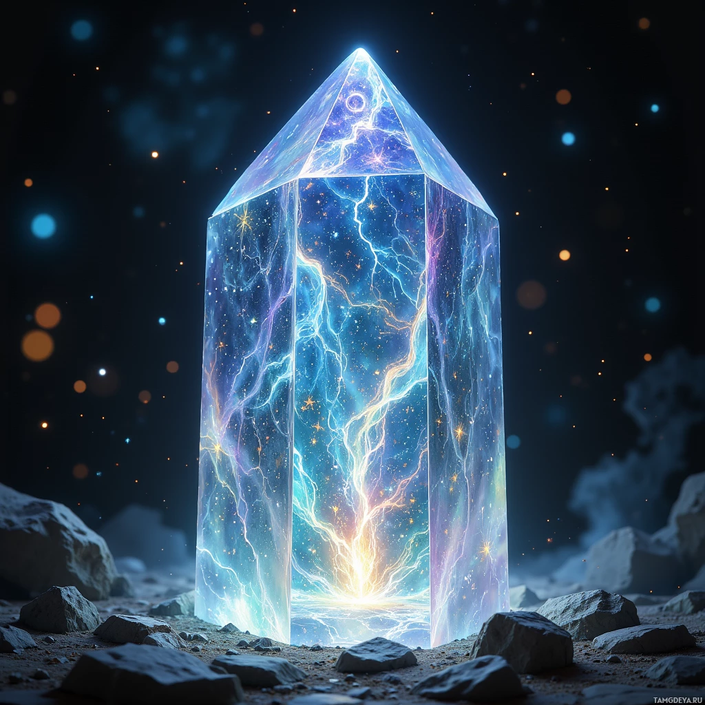 A glowing, lightning-struck crystal pyramid stands amidst rocky terrain under a starry night sky.