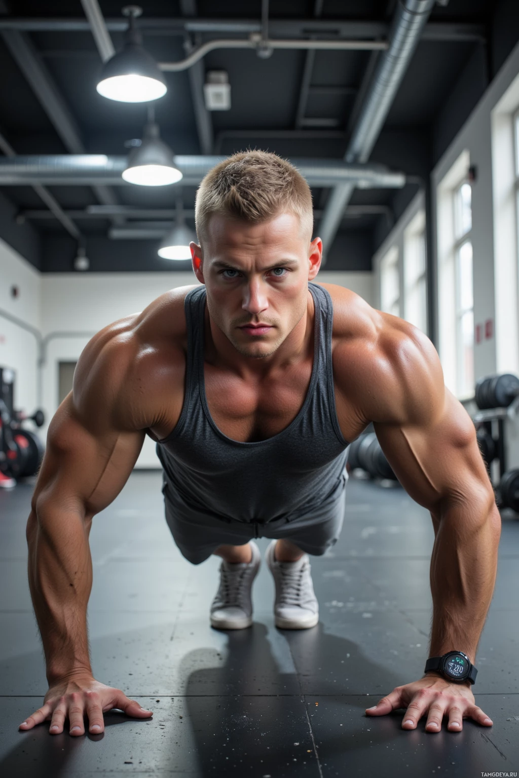 A muscular man in a gym is performing a plank exercise.