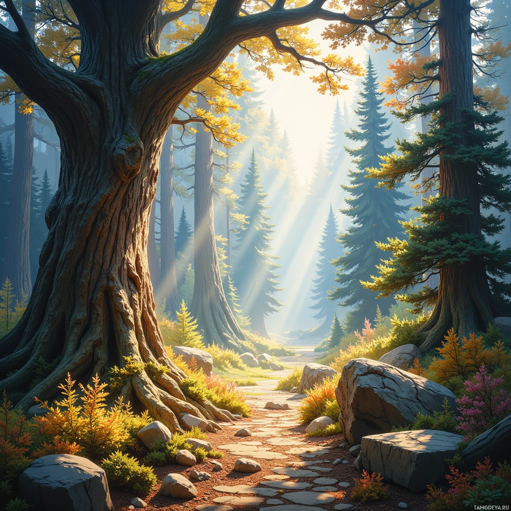 A serene forest scene with sunlight filtering through tall trees and a stone path winding through rocky terrain.