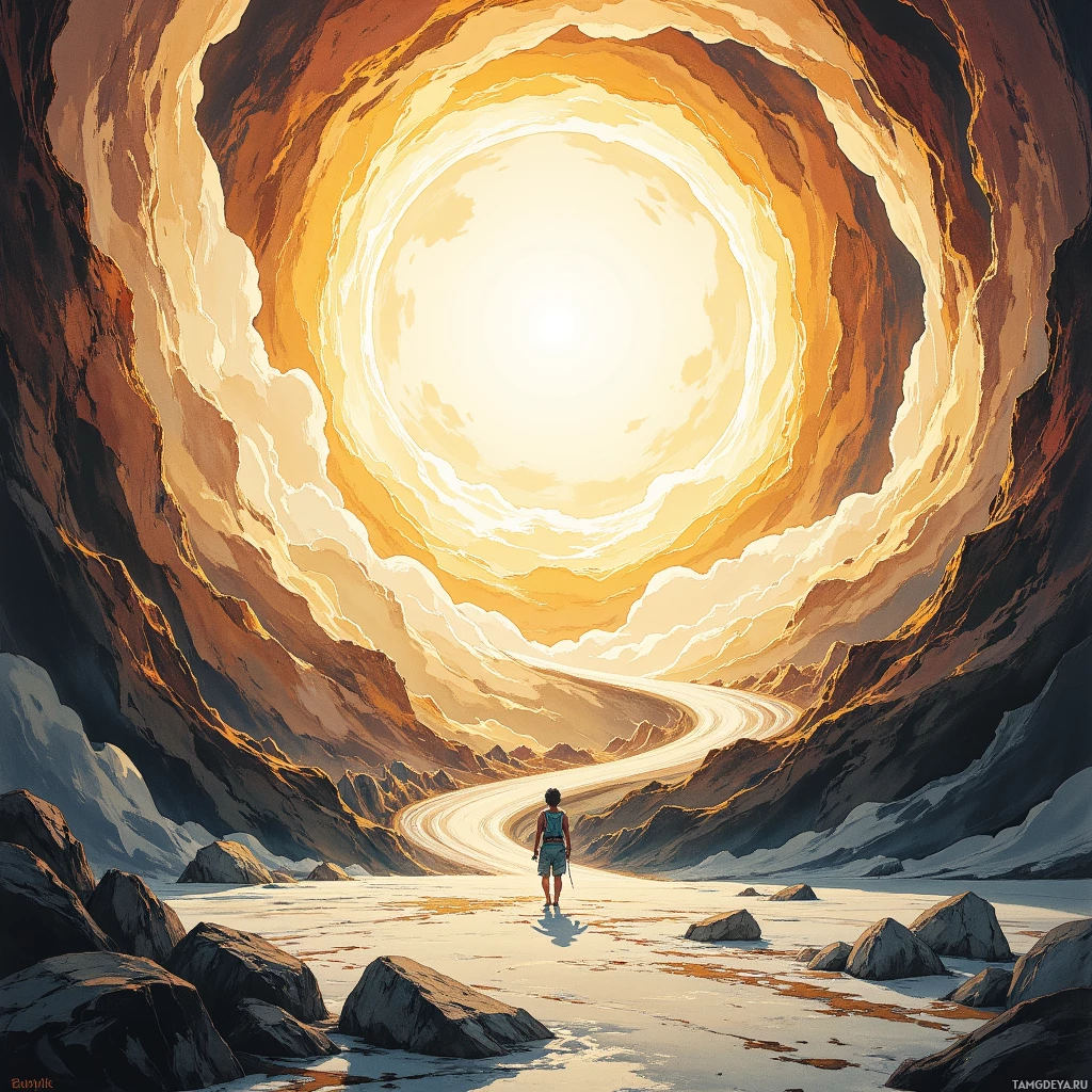 A lone figure stands at the entrance of a vast, swirling tunnel of light and shadow.
