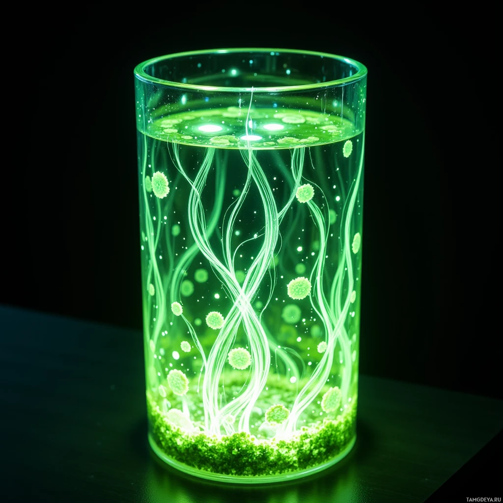 A glass filled with glowing green liquid and floating spherical particles.