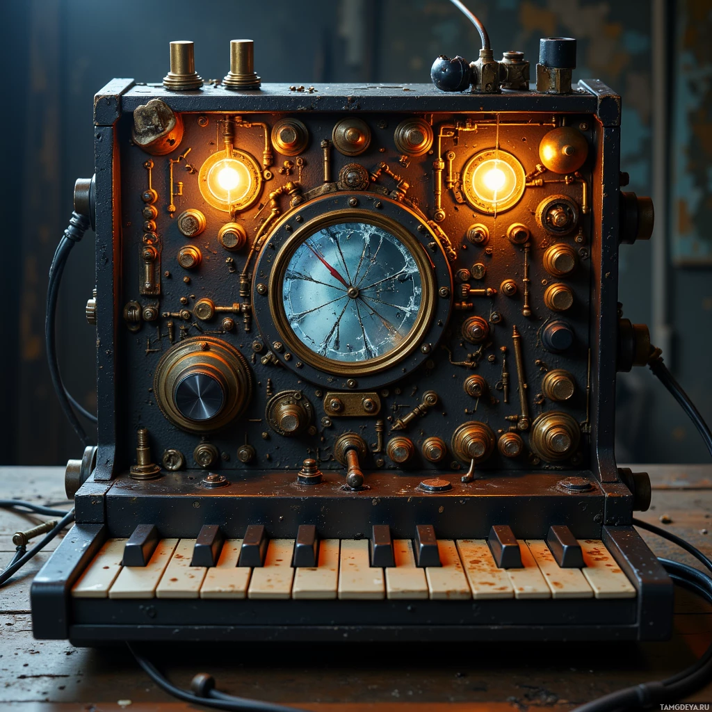 A steampunk-style device with a keyboard and various mechanical components.