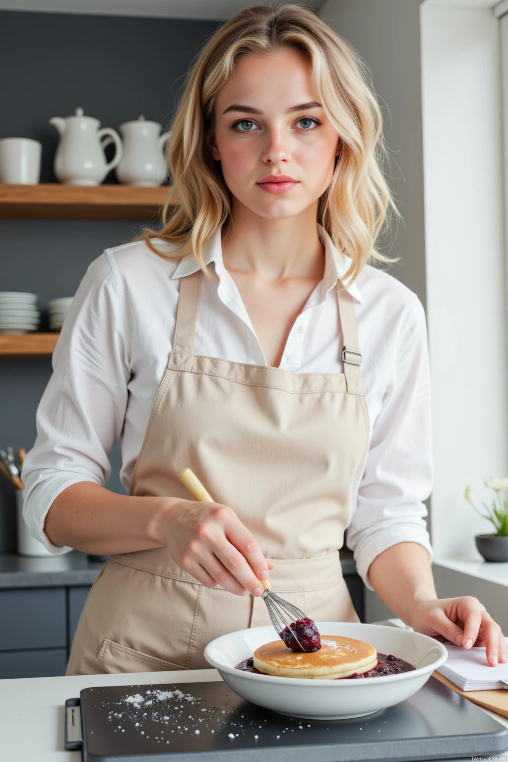 A person in a kitchen wearing an apron, preparing a dessert with a whisk.