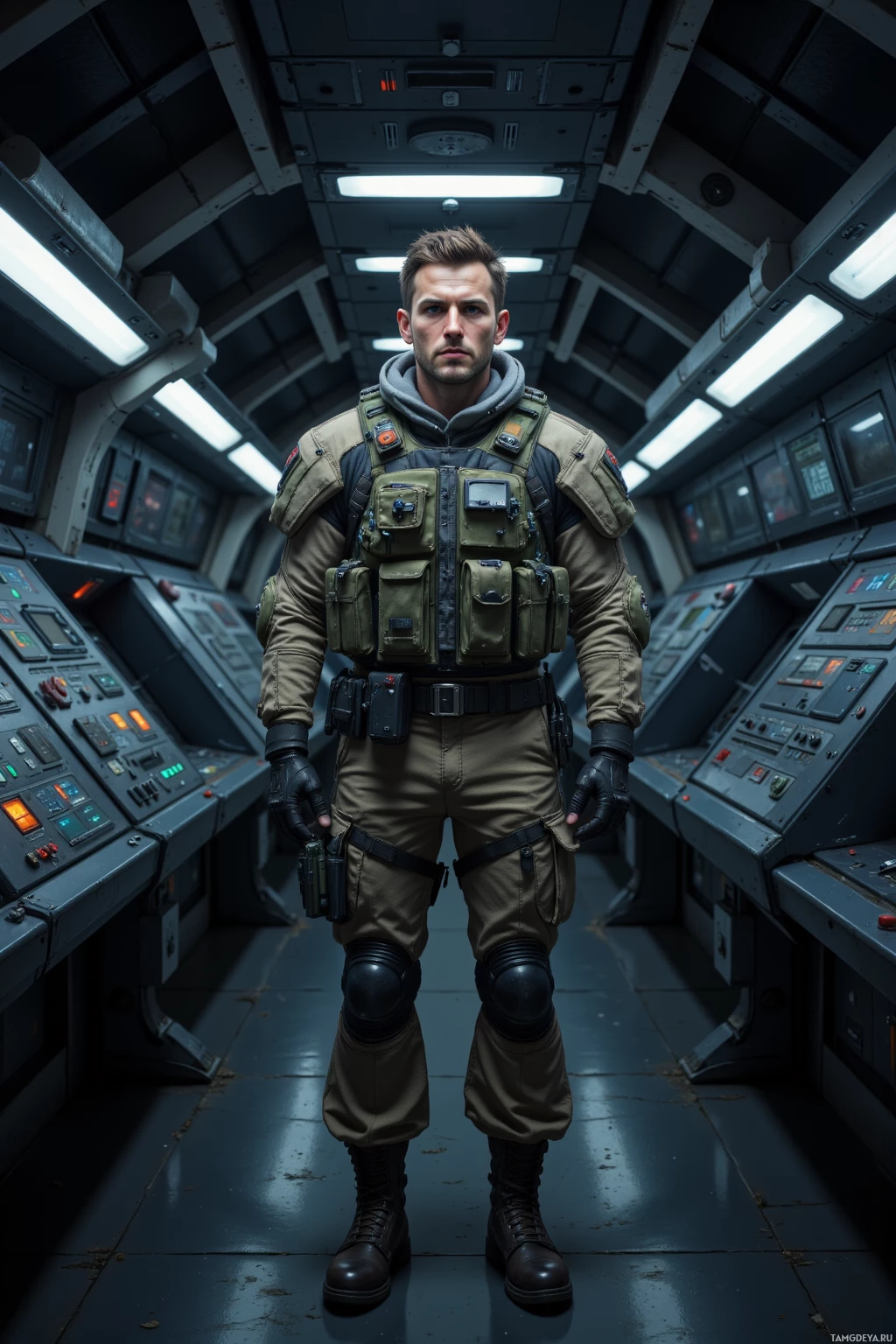 A person in a tactical uniform stands in a futuristic control room.
