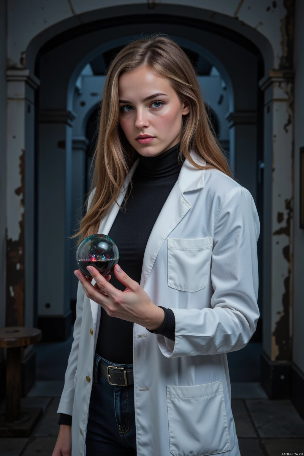 A person in a lab coat holds a glowing sphere in a dimly lit, arched doorway.