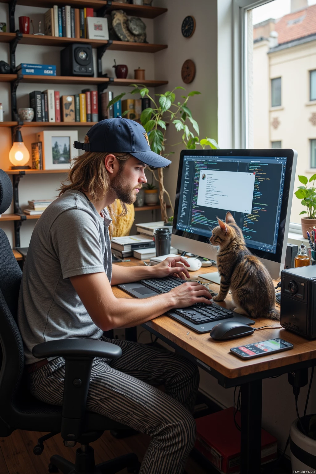 A person works at a desk with a computer while a cat sits on the keyboard.