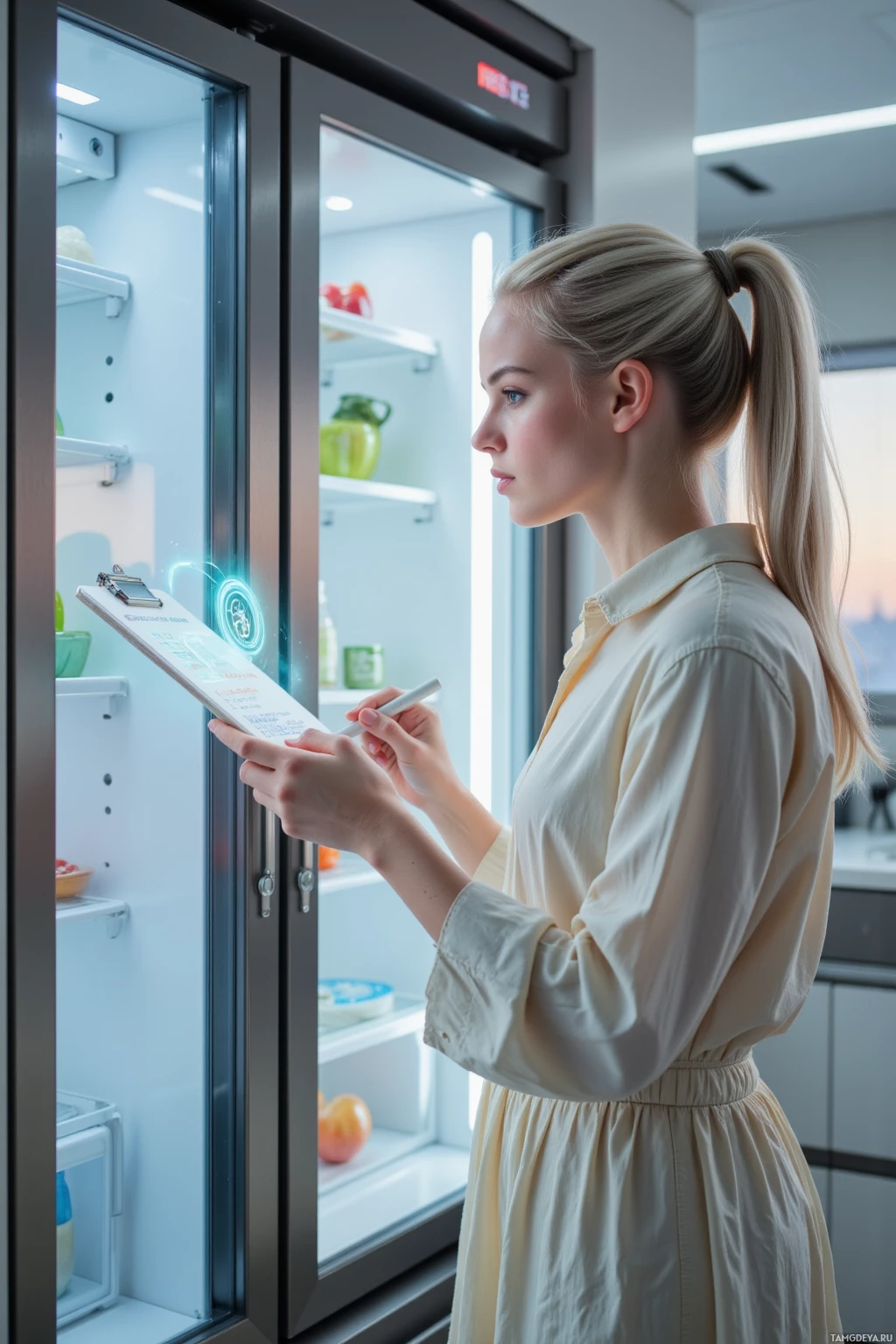 A woman checks a list while standing in front of an open refrigerator.