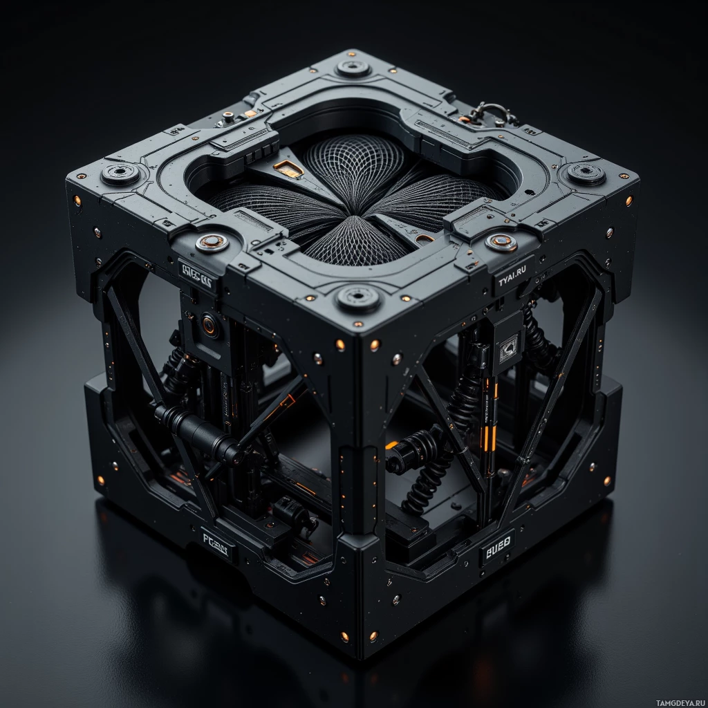 A futuristic black cube with intricate mechanical components and glowing lights inside is displayed against a dark background.