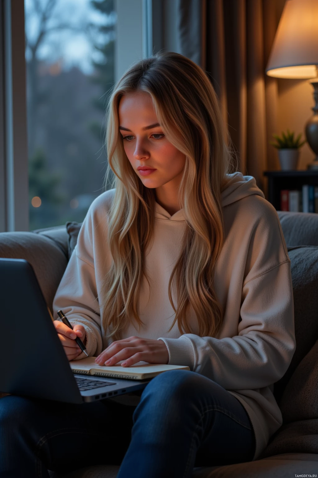 A woman sits on a couch, working on a laptop with a notebook and pen.