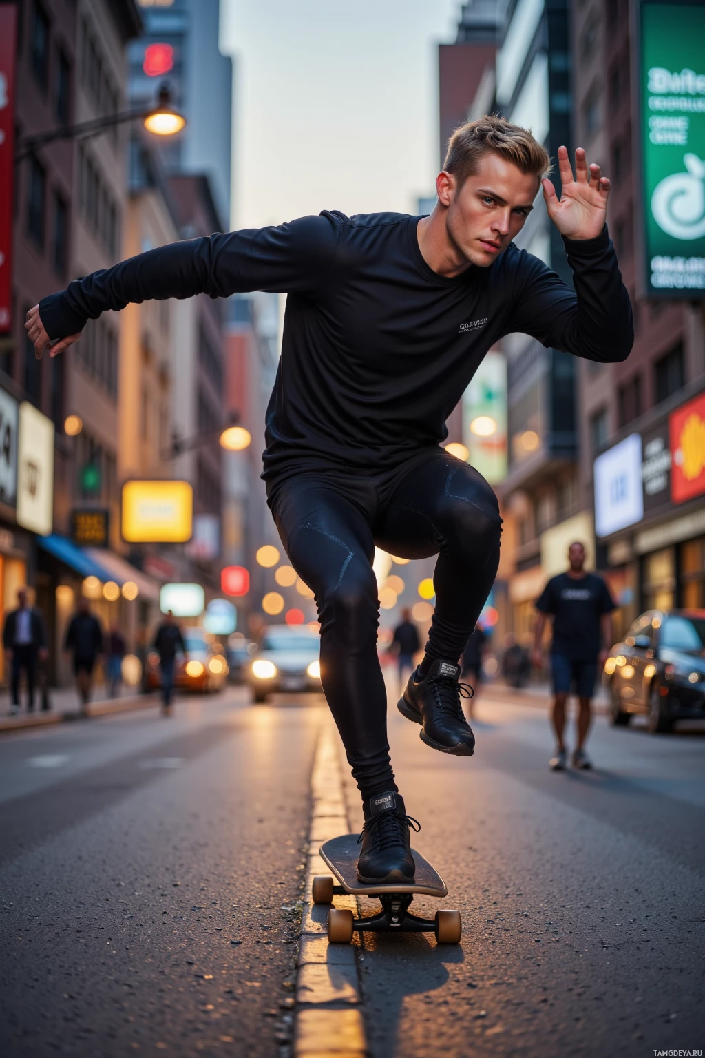 A skateboarder in black attire performs a trick on an urban street at dusk.