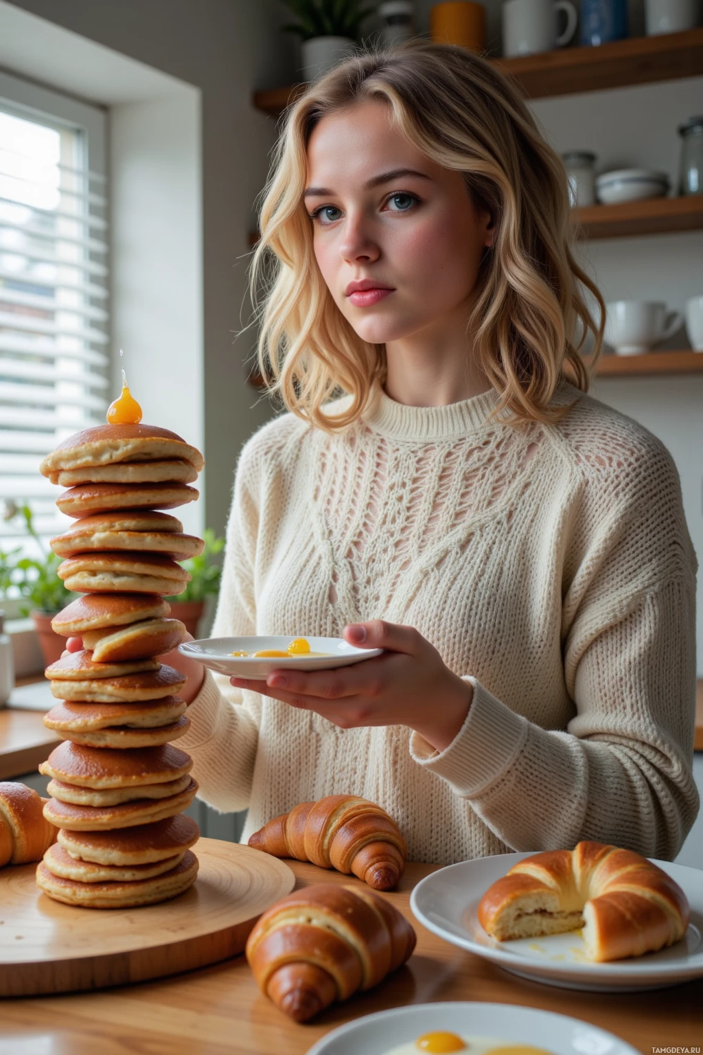 A person stands beside a tall stack of pancakes, holding a plate with a dollop of syrup.
