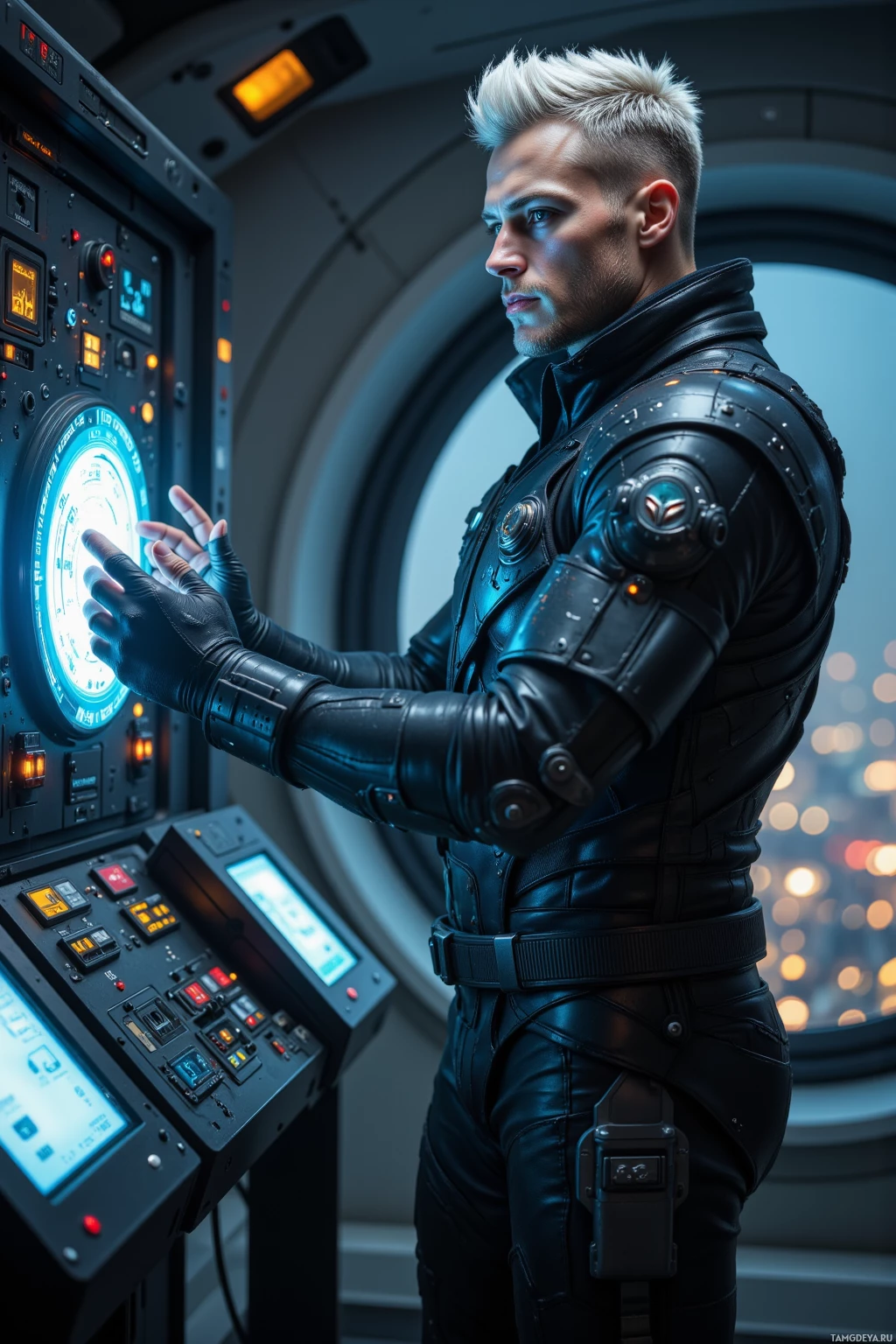 A person in a futuristic outfit interacts with a high-tech control panel.
