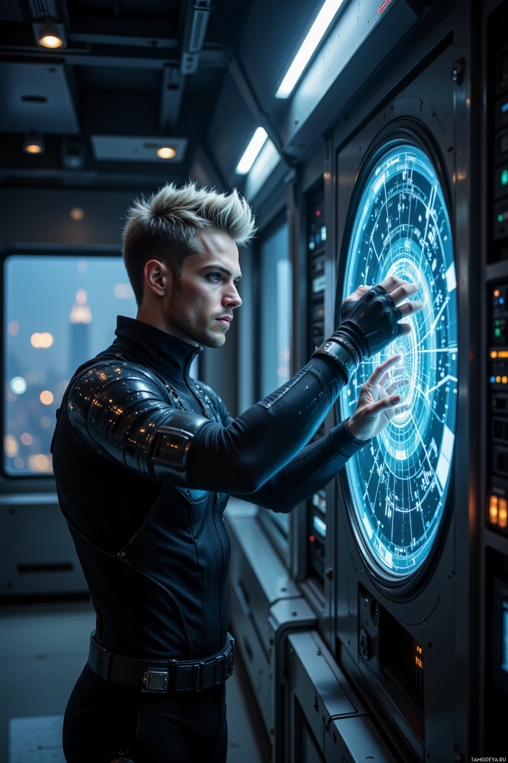 A person in a futuristic outfit interacts with a large, illuminated control panel in a high-tech environment.