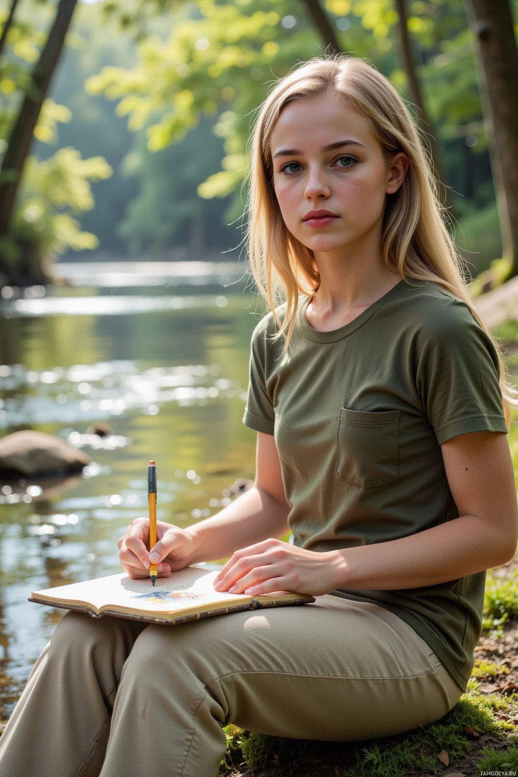 A person sits by a riverbank, wearing a green shirt and beige pants, holding a pen and notebook.