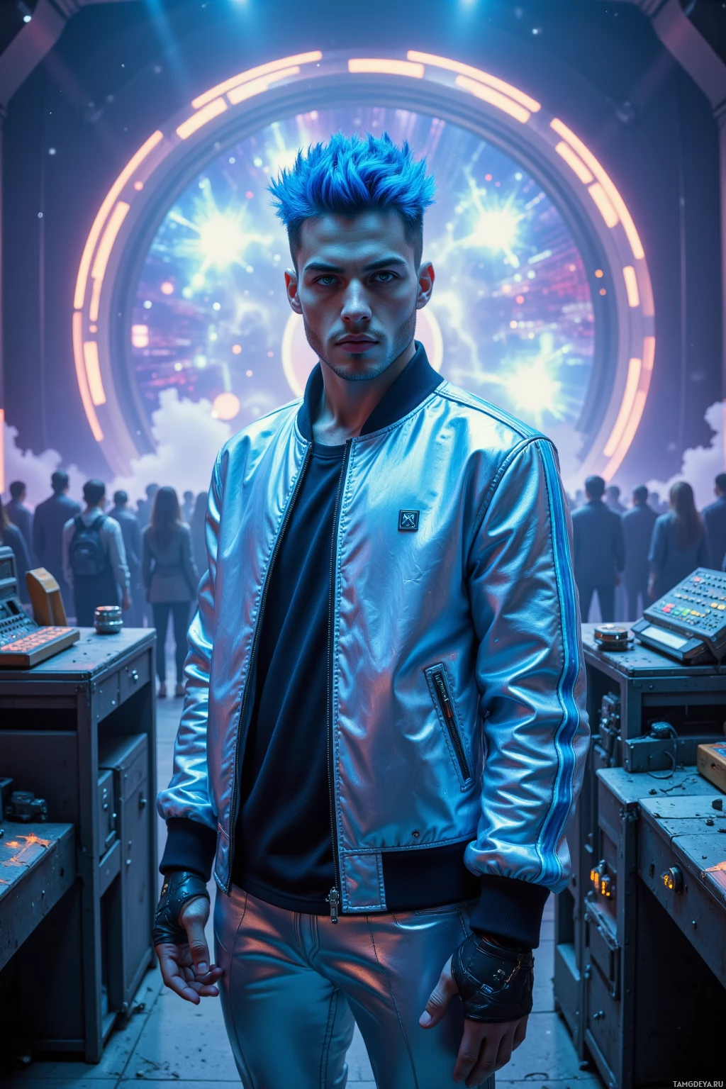 A person with blue hair and metallic attire stands in front of a futuristic backdrop featuring glowing circular lights.