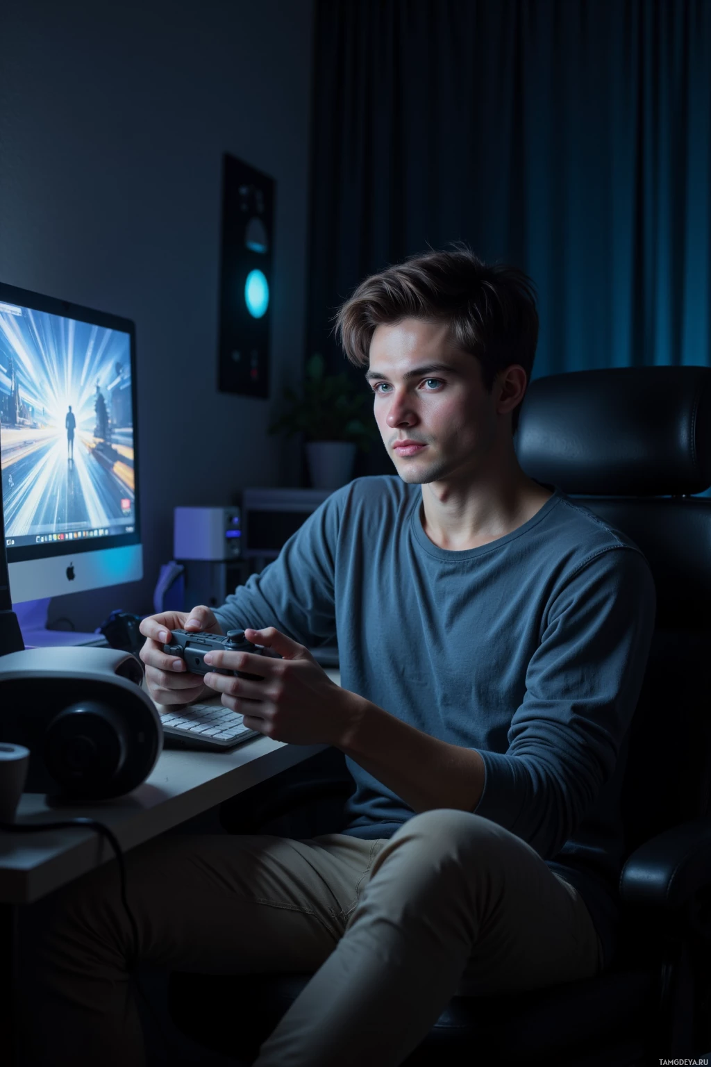 A person is sitting in a gaming chair, holding a controller, and looking at a computer monitor.