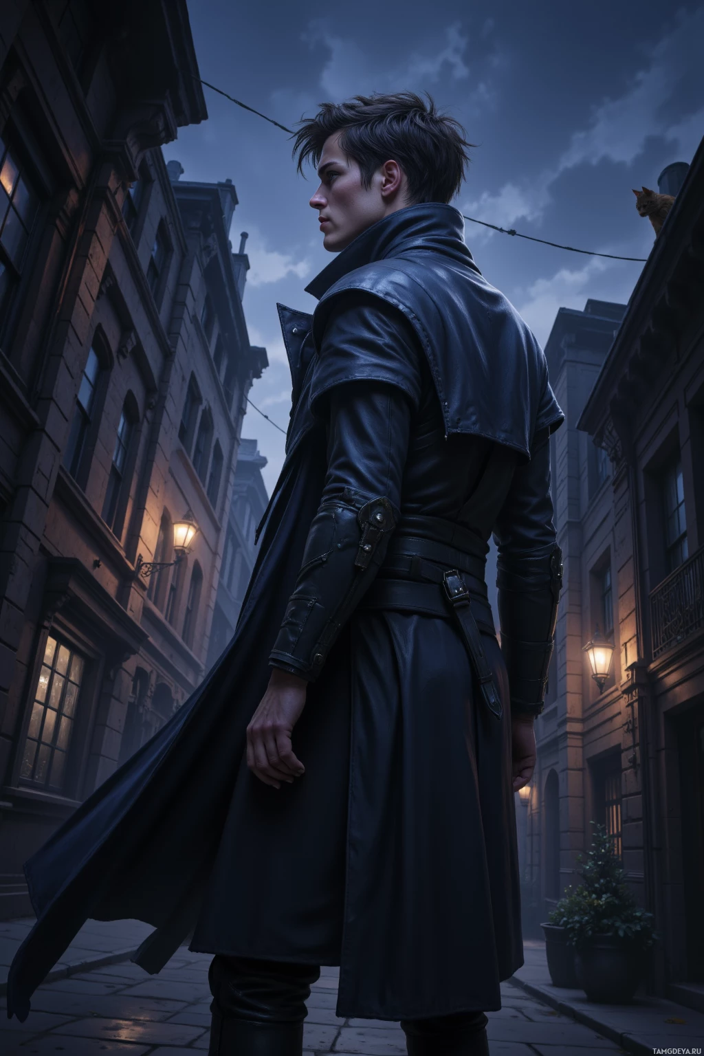 A person in a long black leather coat stands on a dimly lit street at dusk.