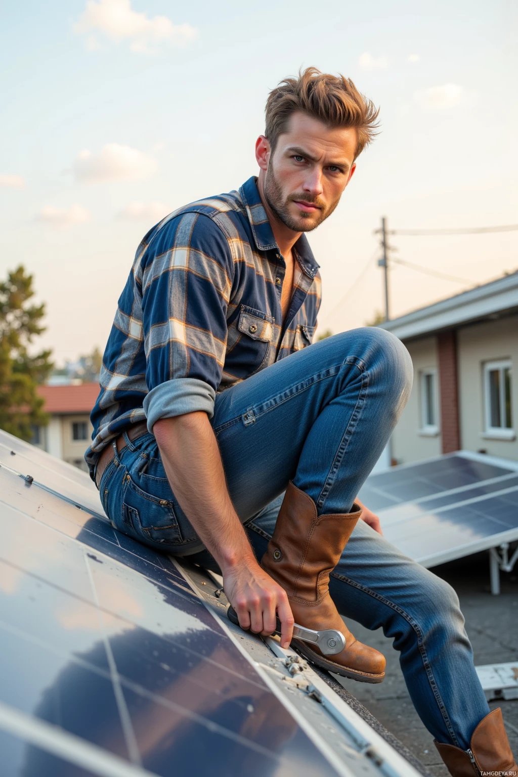 A person is sitting on a solar panel, wearing a plaid shirt and jeans, holding a tool.