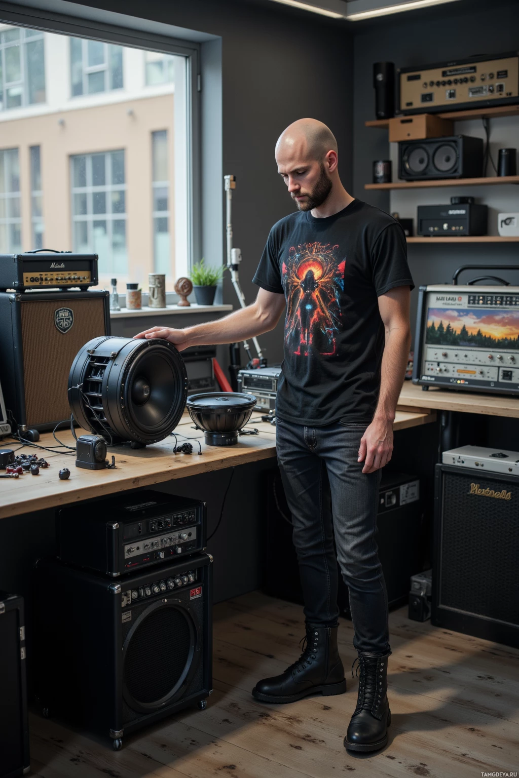 A person stands in a room with musical equipment, examining a speaker.