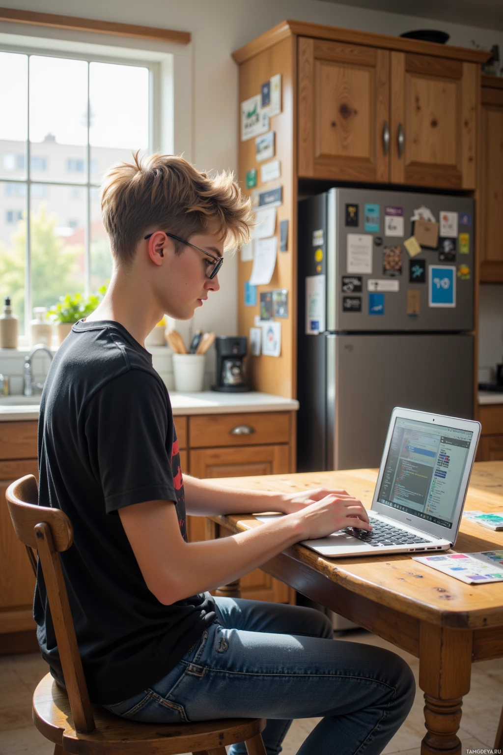 A person is sitting at a wooden table in a kitchen, working on a laptop.
