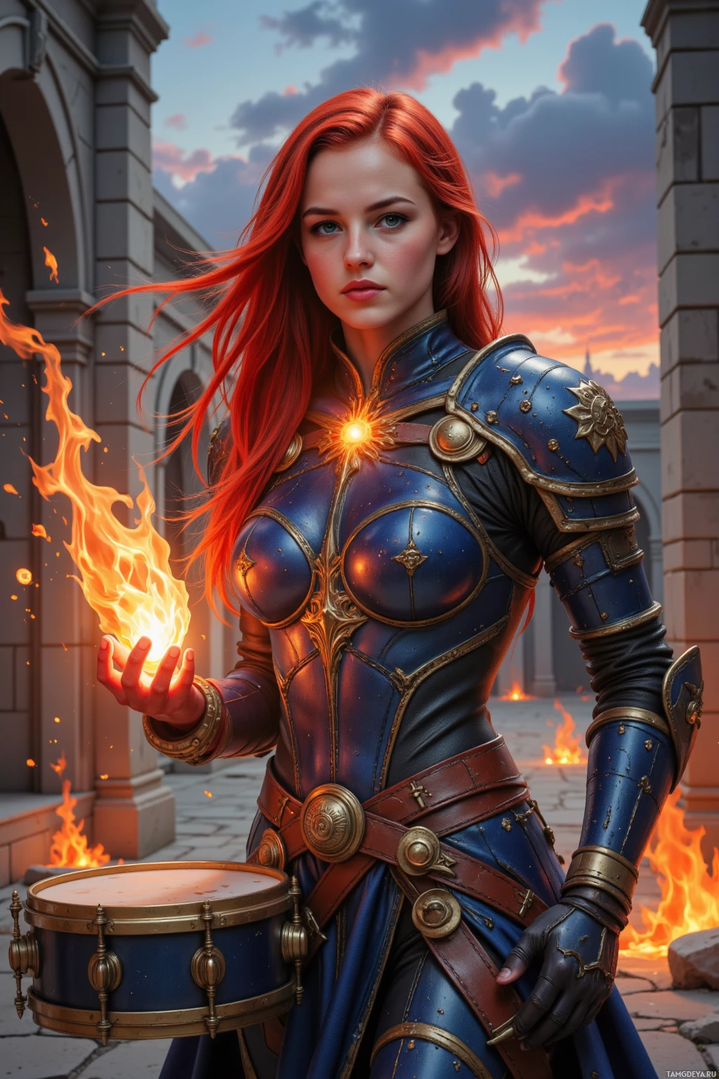 A woman in blue armor holds a glowing orb, with flames and a drum in the foreground.