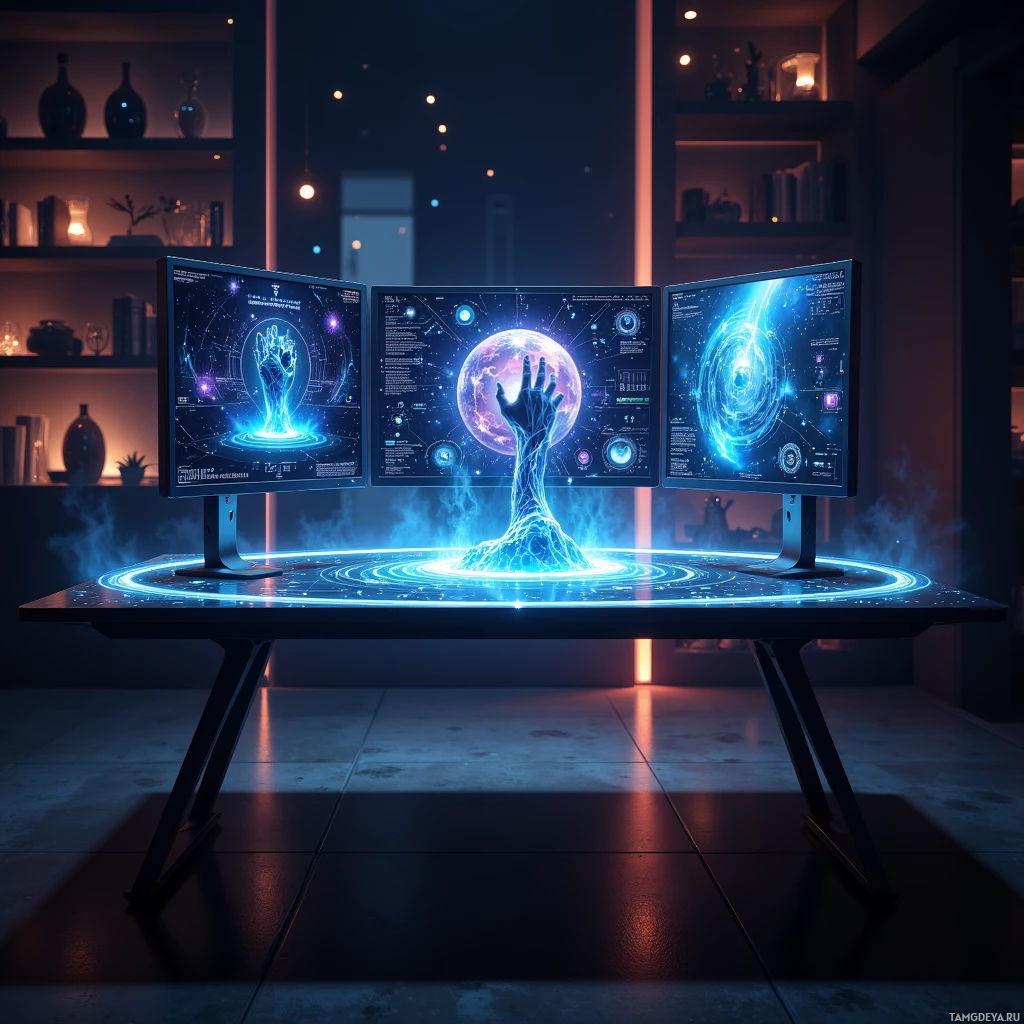 A futuristic setup with three monitors displaying glowing, cosmic imagery and a glowing hand in the center.
