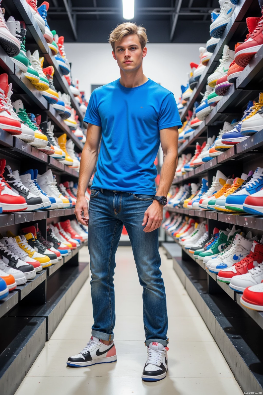 A person stands in a shoe store aisle, wearing a blue t-shirt, jeans, and sneakers.