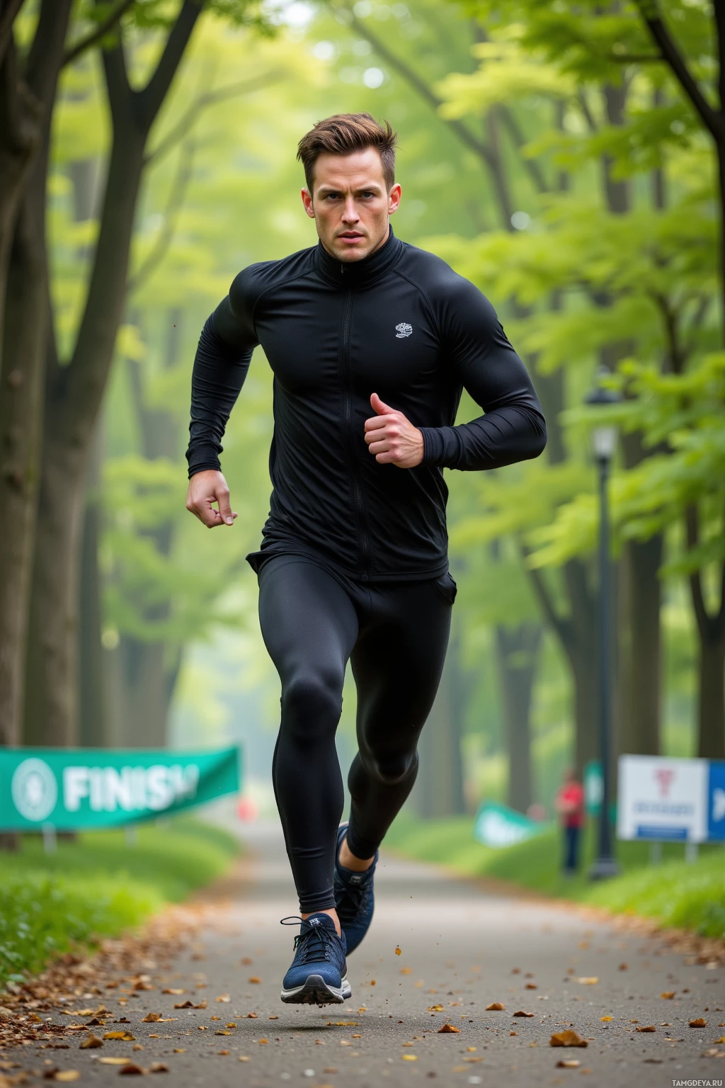 A man is running on a path in a park.