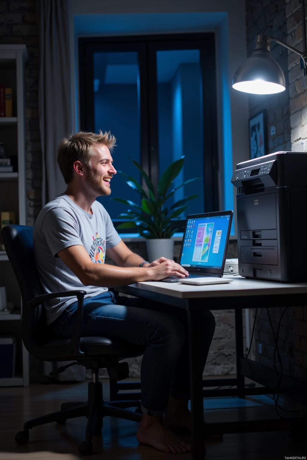 A man is sitting at a desk in a dimly lit room, working on a laptop.