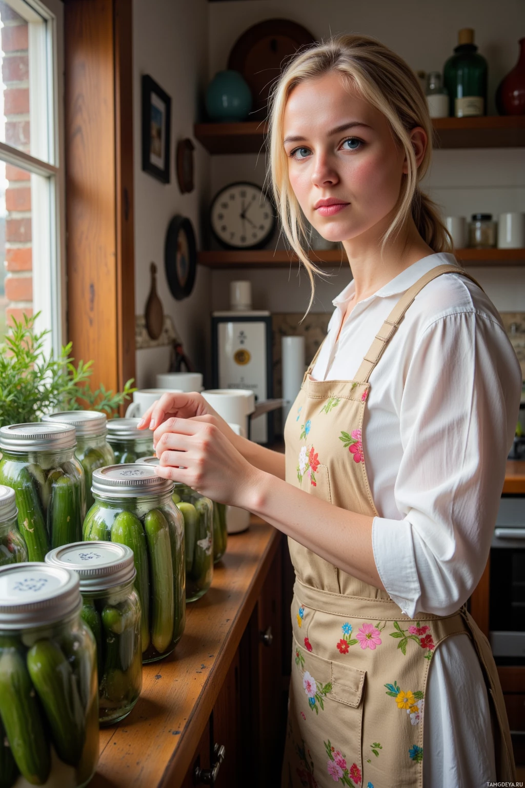 A woman in an apron stands by a counter with jars of pickles.