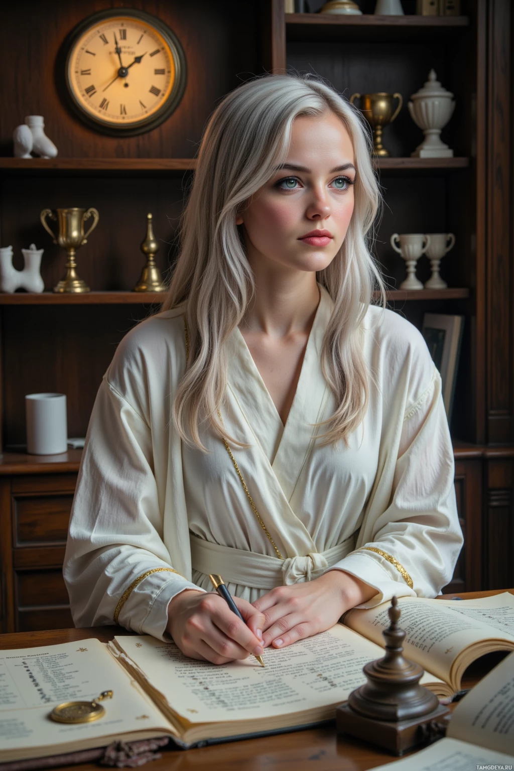 A person in a white robe is writing in an open book at a desk.