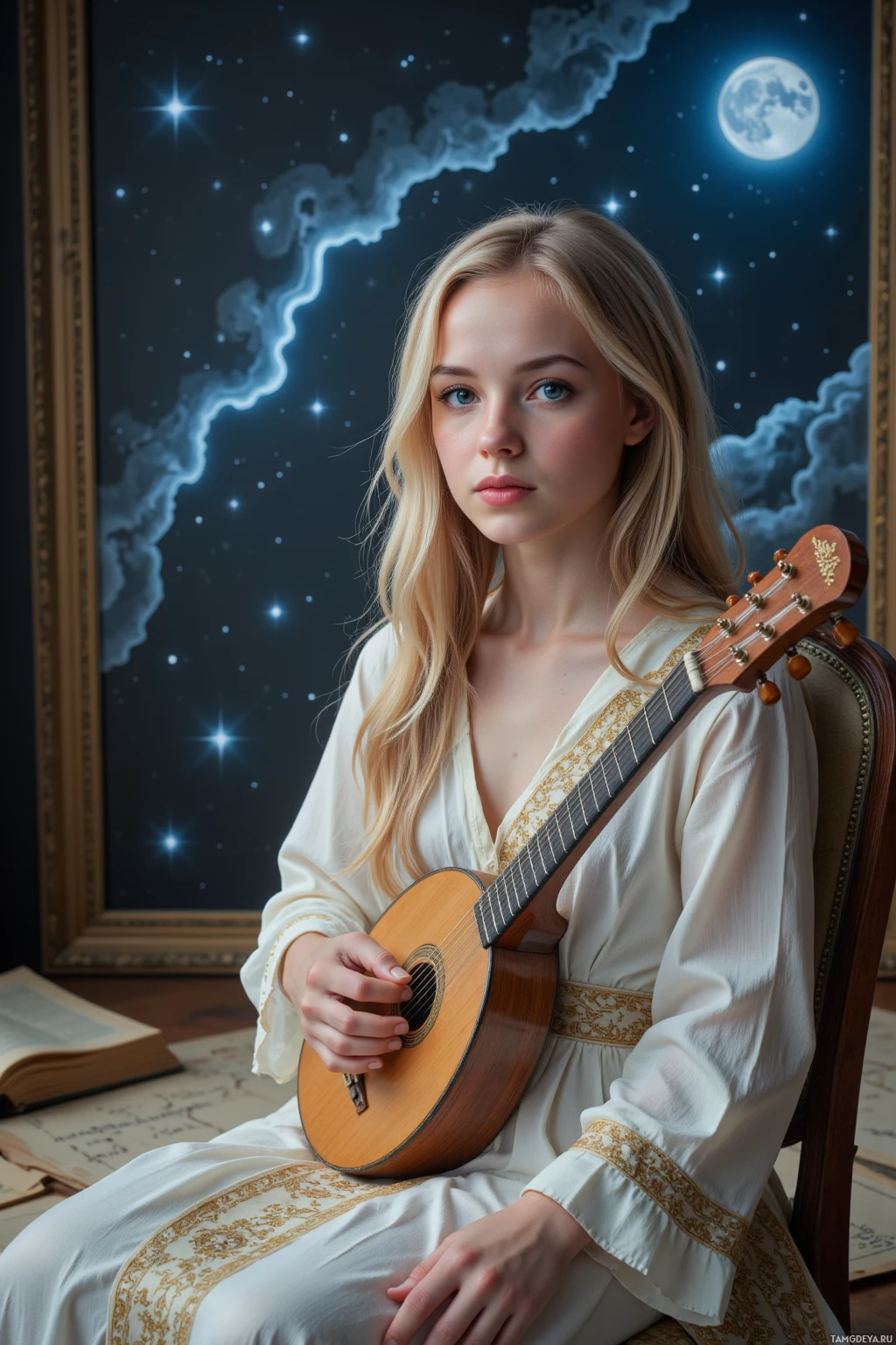 A woman in a white dress holds a guitar, seated against a backdrop of a starry night sky.
