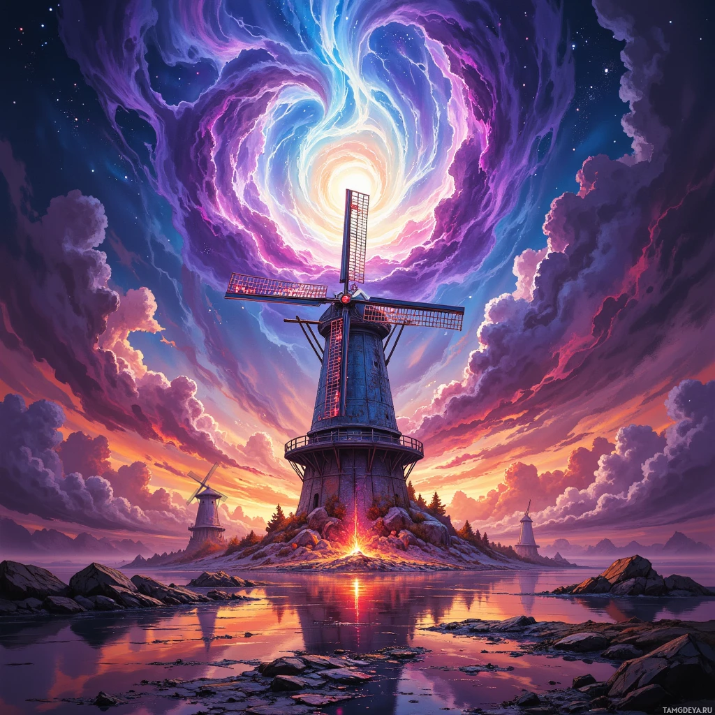 A vibrant, fantastical scene featuring a windmill with a swirling, colorful sky and reflective water below.